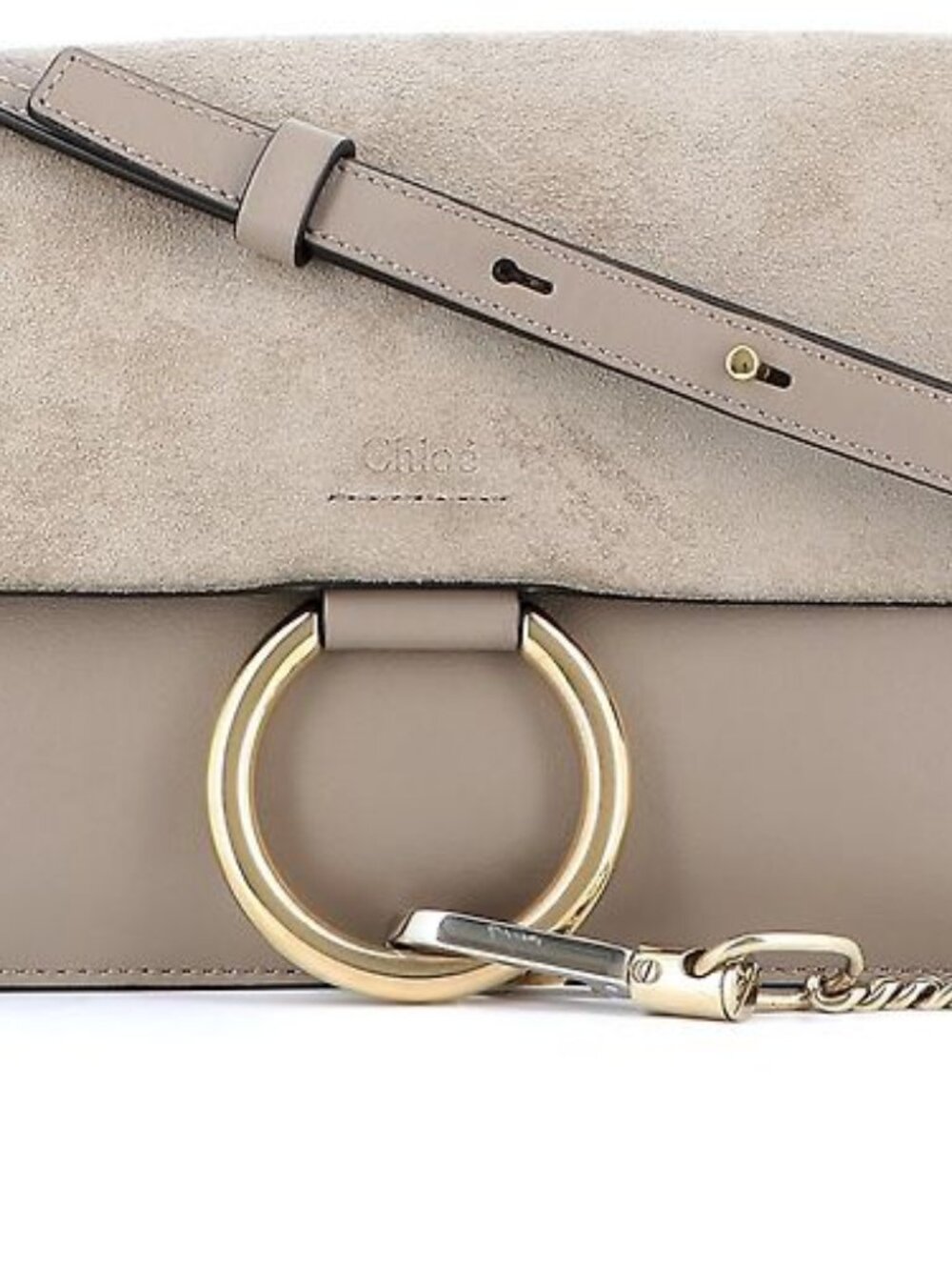 Chloรฉ Faye Small Shoulder Bag โ Motty Grey Suede & Calfskin, Gold Hardware